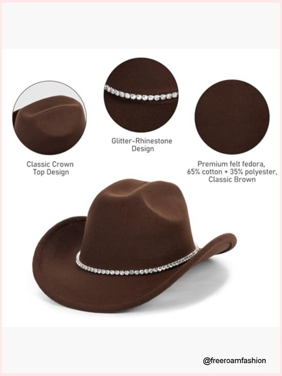 Rhinestone Cowgirl Hat, Rolled Wide Brim Western Felt Fedora Disco Cowboy